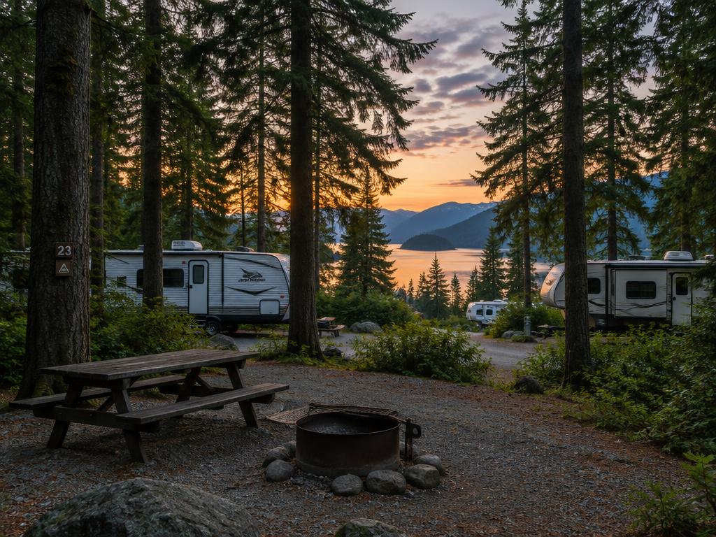 RV campground among tall fir trees at dusk